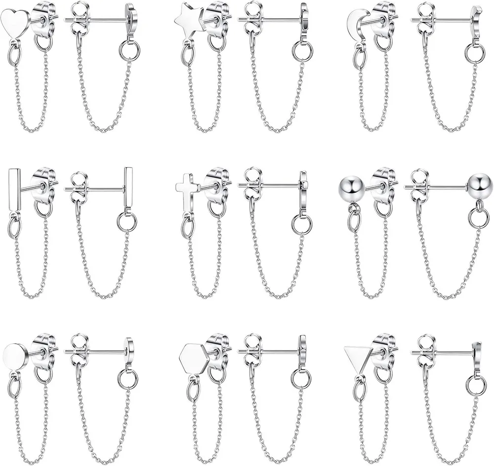 9 Pairs Chain Earrings Ear Cuffs Minimalist Bar Earrings with Chain Stainless Threader Stud Earrings for Women - Grocery