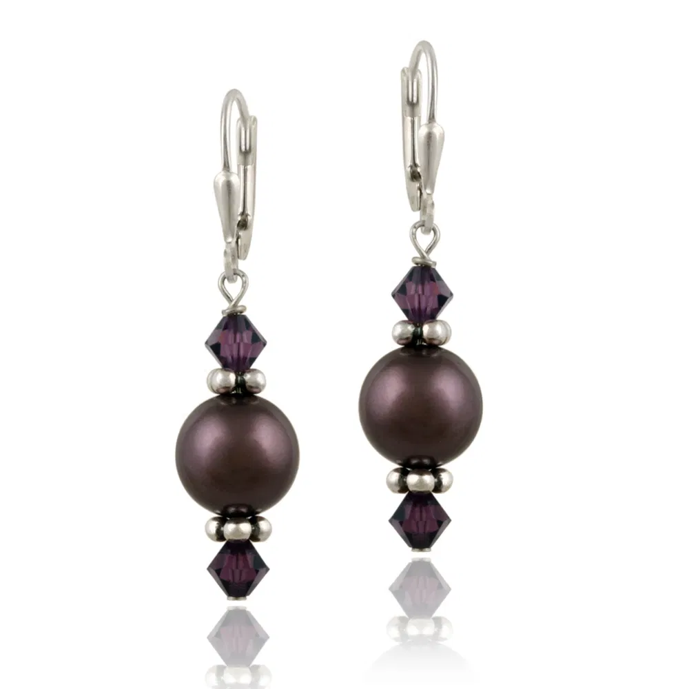 Sterling Silver Burgundy Swarovski Pearl & Crystal Dangle Leverback Earrings - Grocery