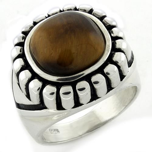 LOAS1155 - High-Polished 925 Sterling Silver Ring with Synthetic Tiger Eye in Brown - Grocery