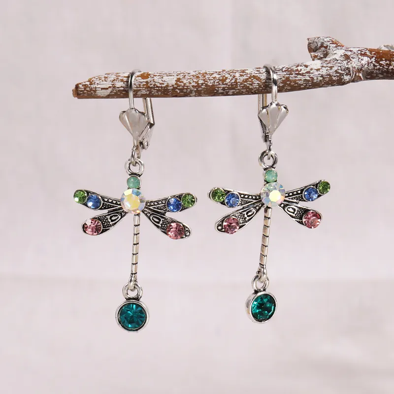 Dragonfly Shape Drop Earrings Inlaid Colorful Synthetic Gems Wedding Engagement Earrings - Grocery
