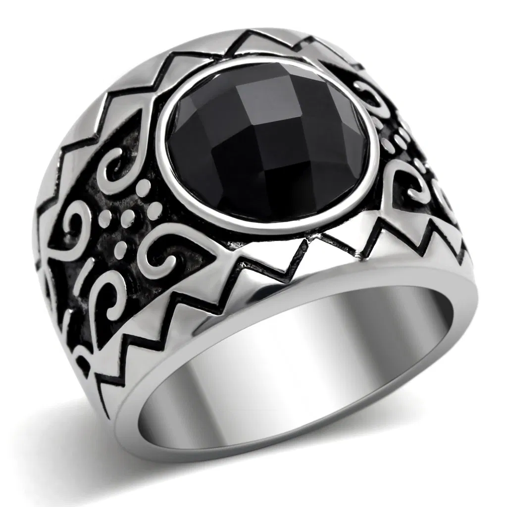 TK303 - High polished (no plating) Stainless Steel Ring with AAA Grade CZ in Jet - Grocery