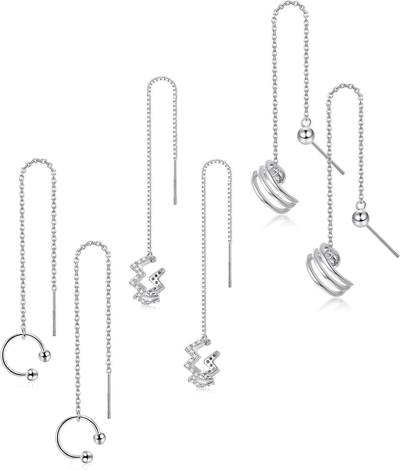 3 Pairs Sterling Silver Chain Tassel Cuff Earrings Wrap Wave Threader Ear Cuff Dangle Earrings Set for Women - Grocery