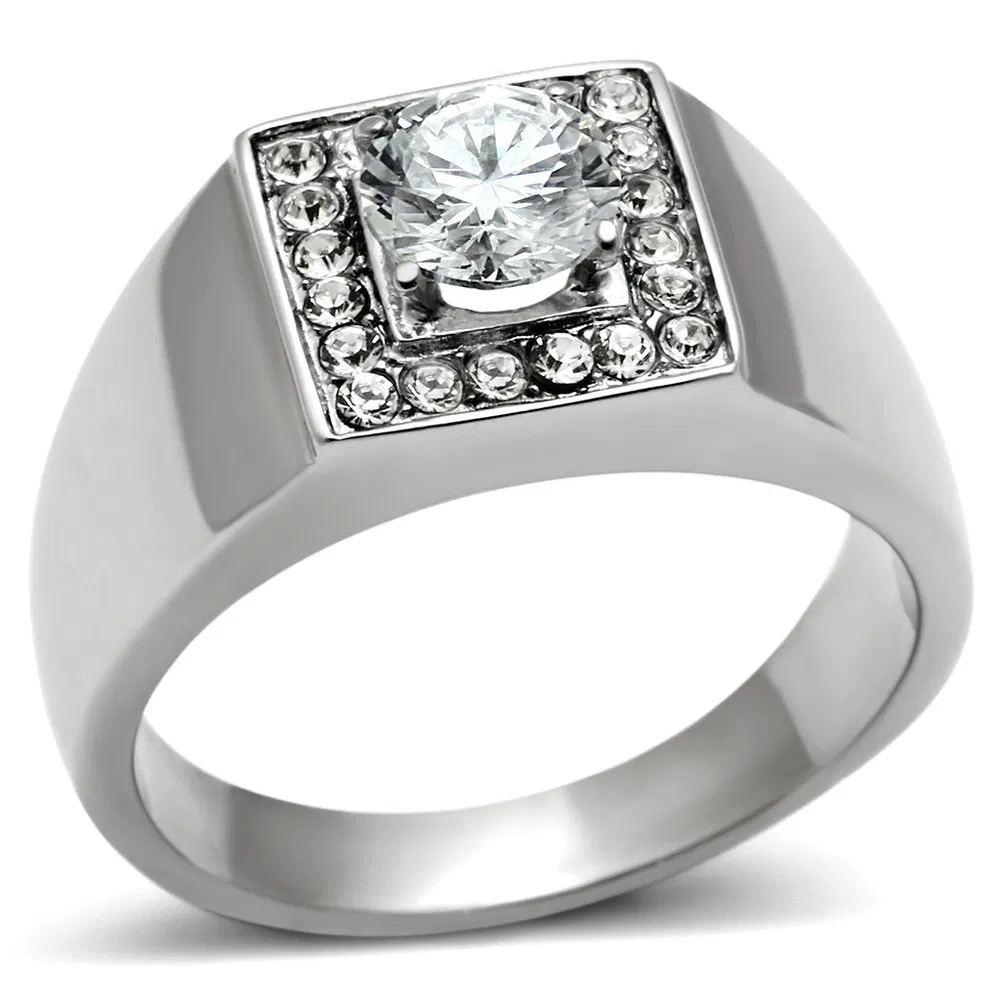 TK483 - High polished (no plating) Stainless Steel Ring with AAA Grade CZ in Clear - Grocery
