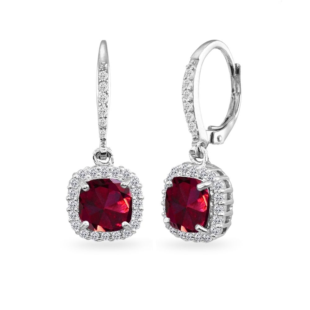 925 Silver Created Ruby Cushion-Cut Dangle Halo Earrings w/ White Topaz Accents - Grocery