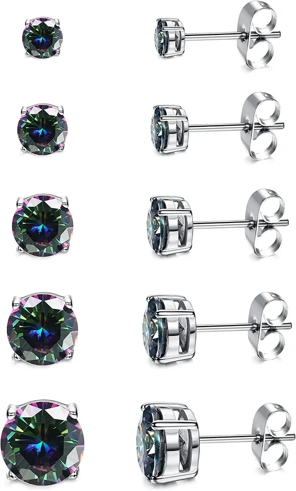 5 Pairs CZ Stud Earrings Set; Round Clear Cubic Zirconia Stud Earrings 316L Stainless CZ Earrings 3-7mm - Grocery