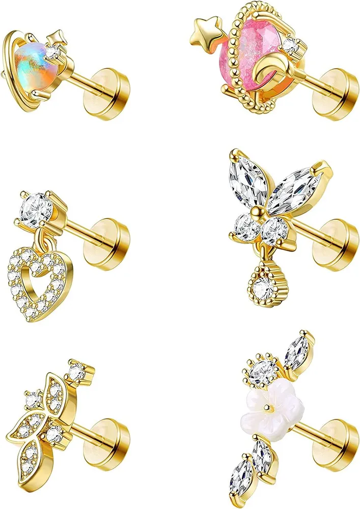 Stainless Front Spiral Pierced Stars Moon Butterfly Spiral Earrings Helix Cartilage Stud Pierced - Grocery