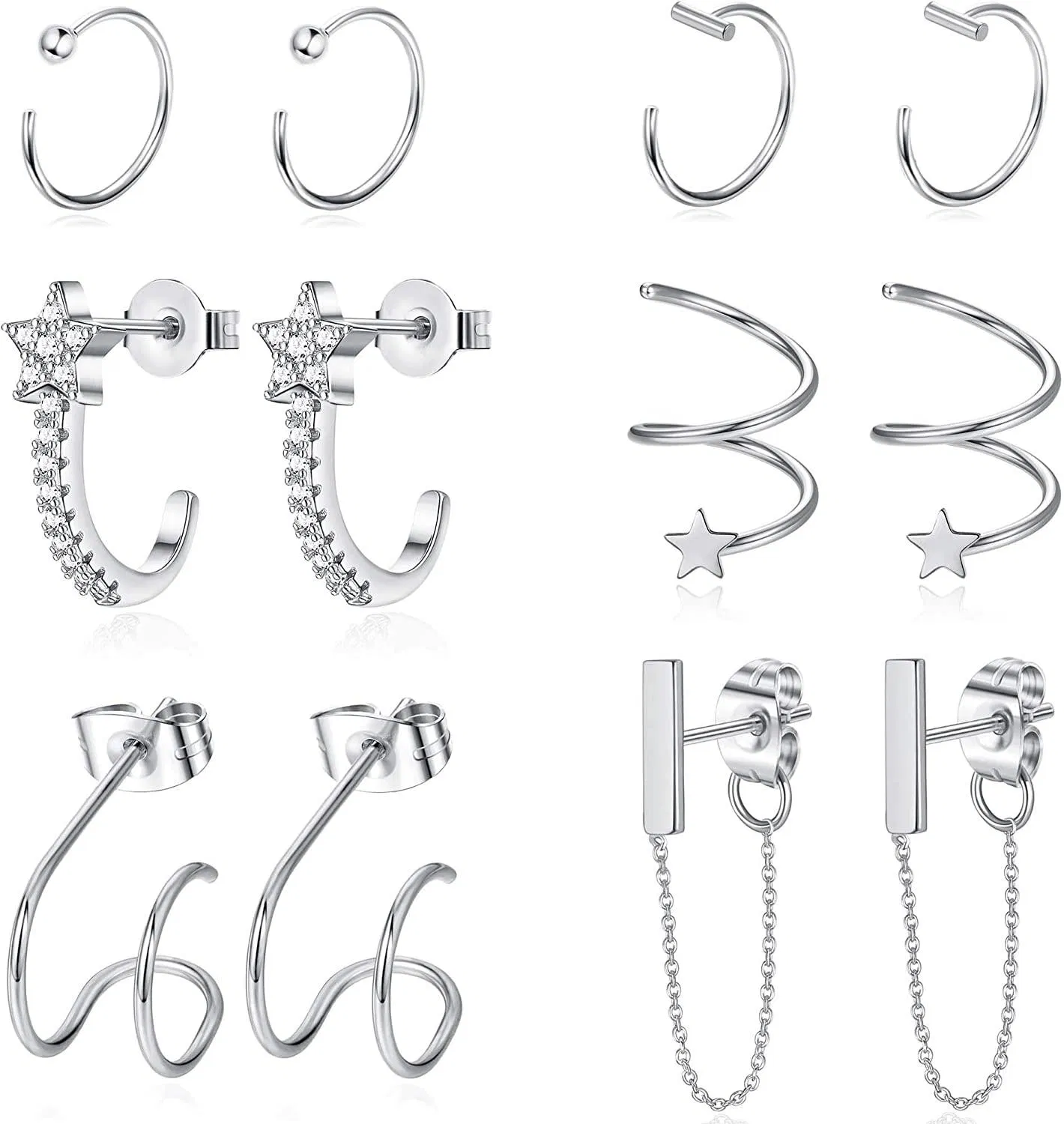 6Pairs Huggie Half Hoop Stud Earrings Stainless Cartilage Chain Earrings Set For Women Helix Ear Piercing - Grocery