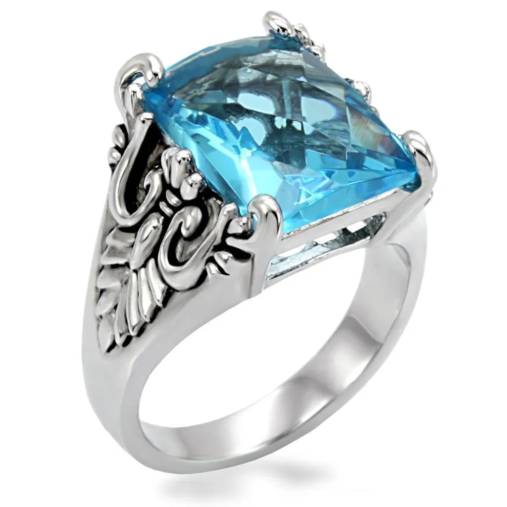 TK021 - High polished (no plating) Stainless Steel Ring with Synthetic Synthetic Glass in Sea Blue - Grocery
