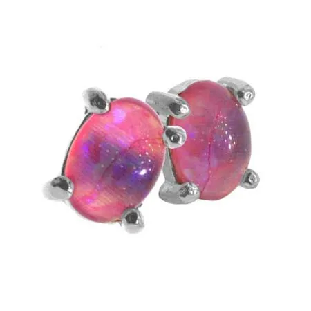 Sterling Silver .925 Fiery Created Pink Opal Stone Oval Small Stud Earrings - Grocery