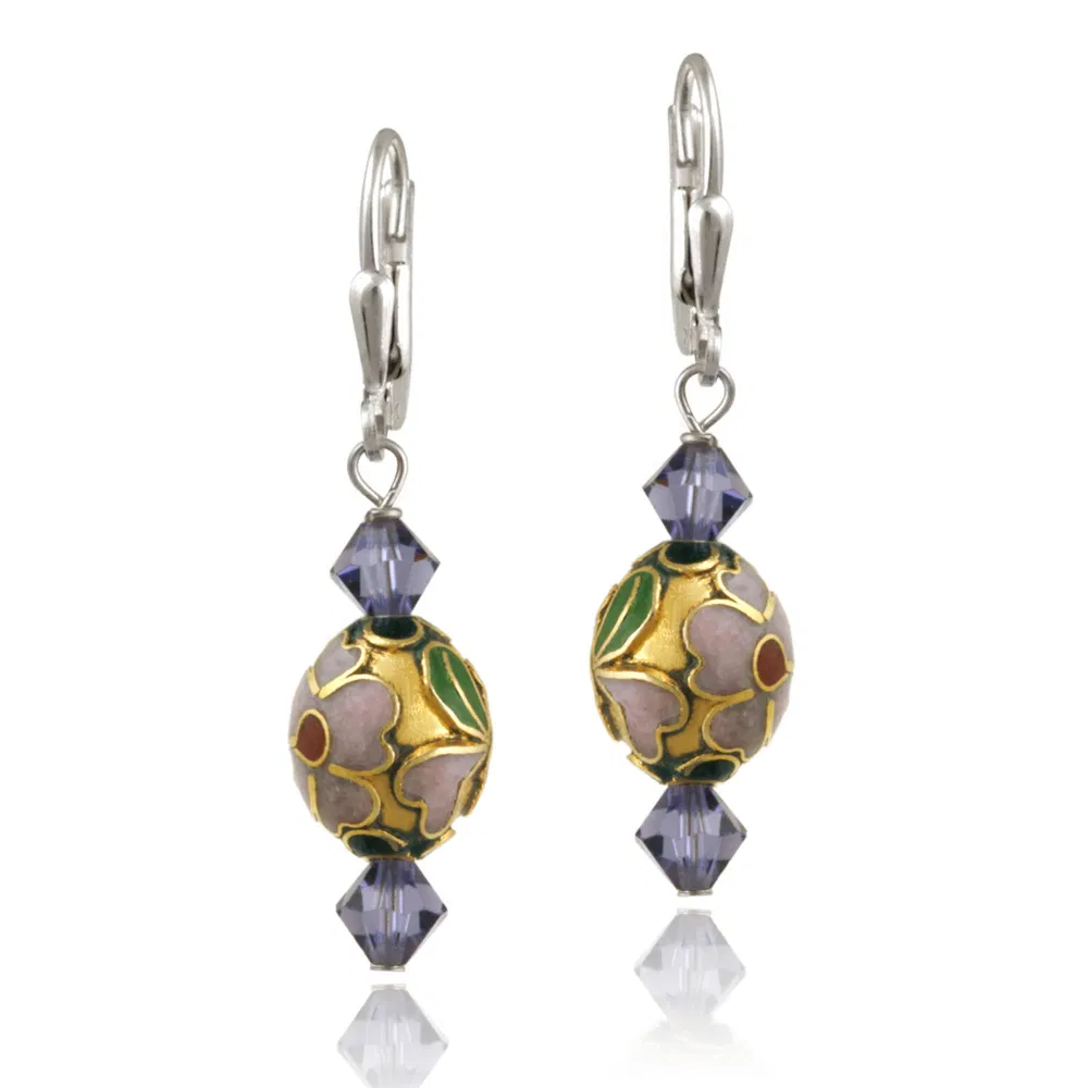 Sterling Silver Swarovski Elements & Blue Cloisonne Oval Bead Dangle Earrings - Grocery