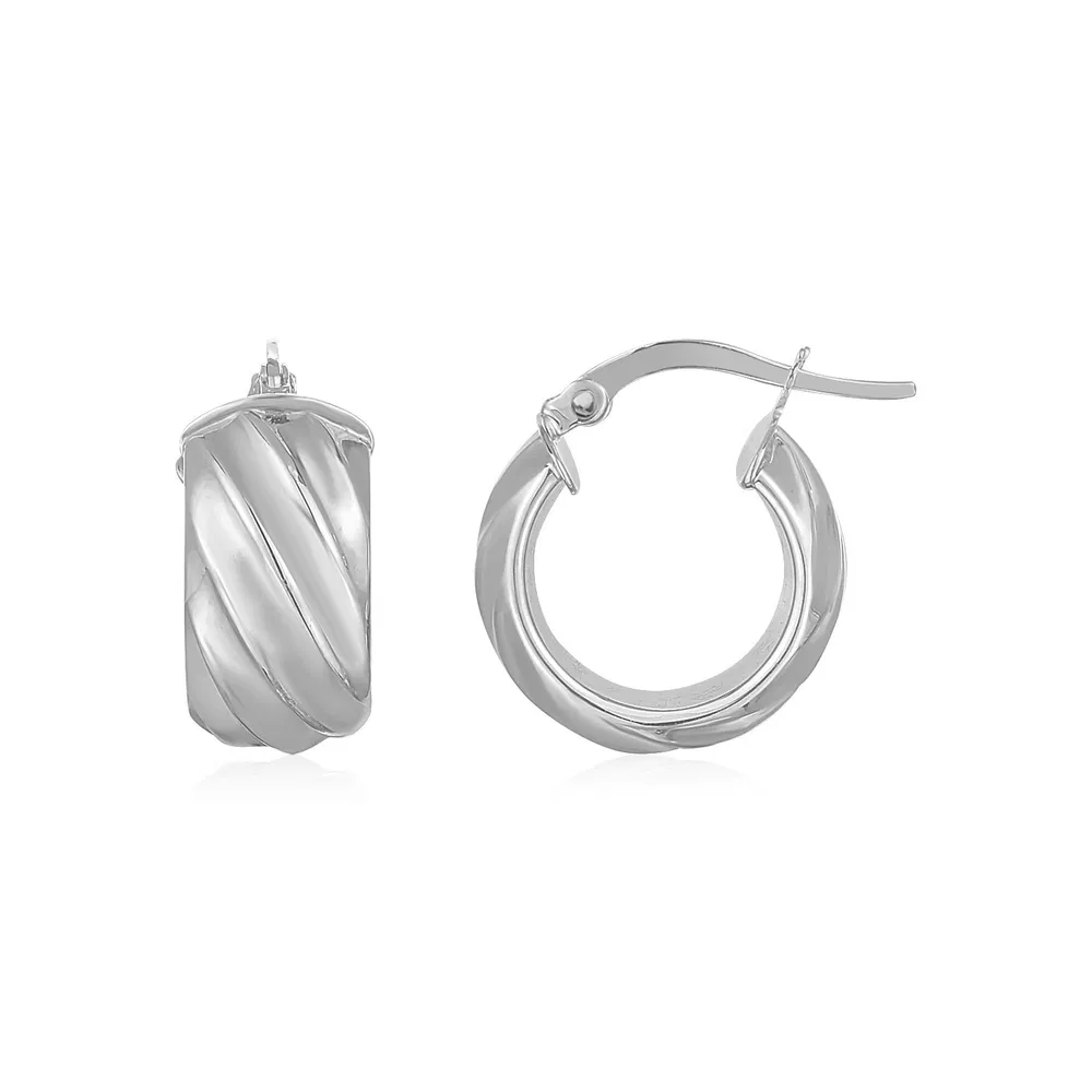 14K White Gold Ribbed Hoop Earrings Wide - Grocery
