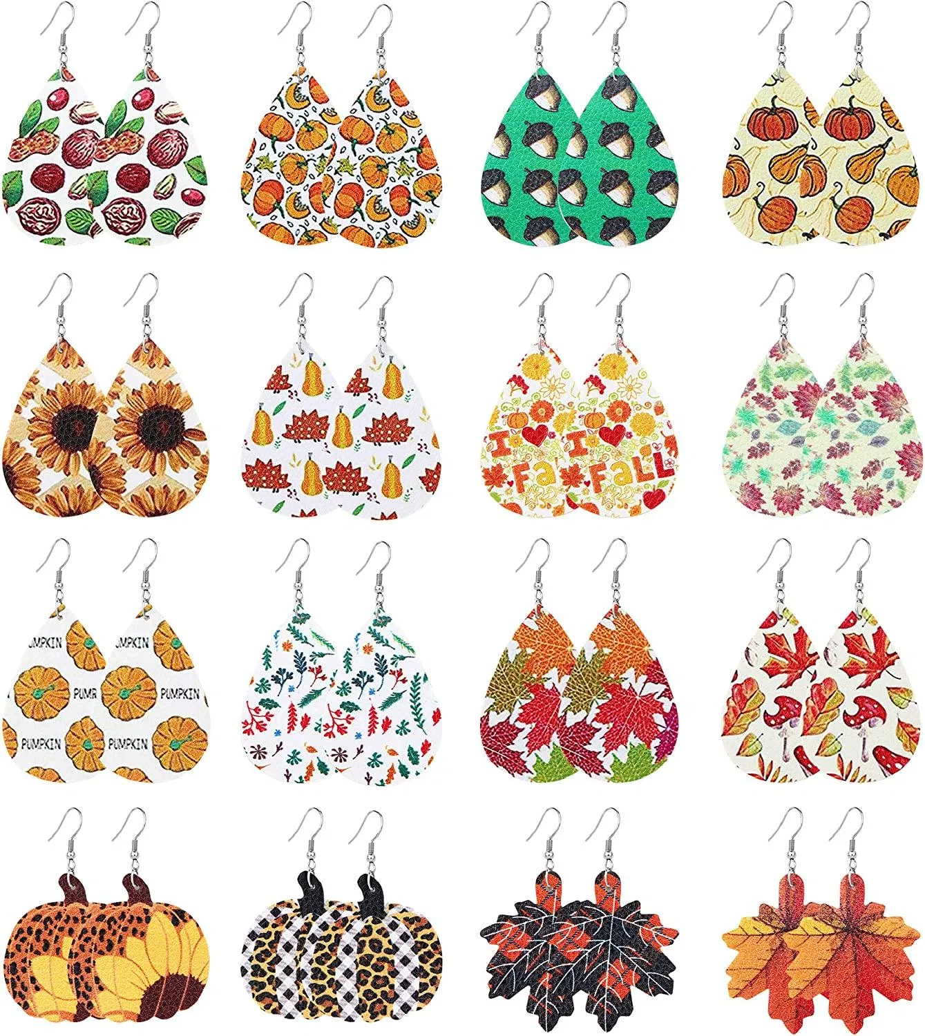16Pairs Fall Leather Earrings for Women Teardrop Dangle Earrings Autumn Series Accessory Pumpkin Sunflower Maple Thanksgiving Jewelry - Grocery