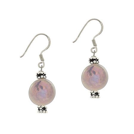 Sterling Silver Gray Freshwater Cultured Coin Pearl & Bali Bead Earrings - Grocery