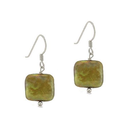 Sterling Silver Green-Gold Freshwater Cultured Coin Pearl Square Dangle Earrings - Grocery