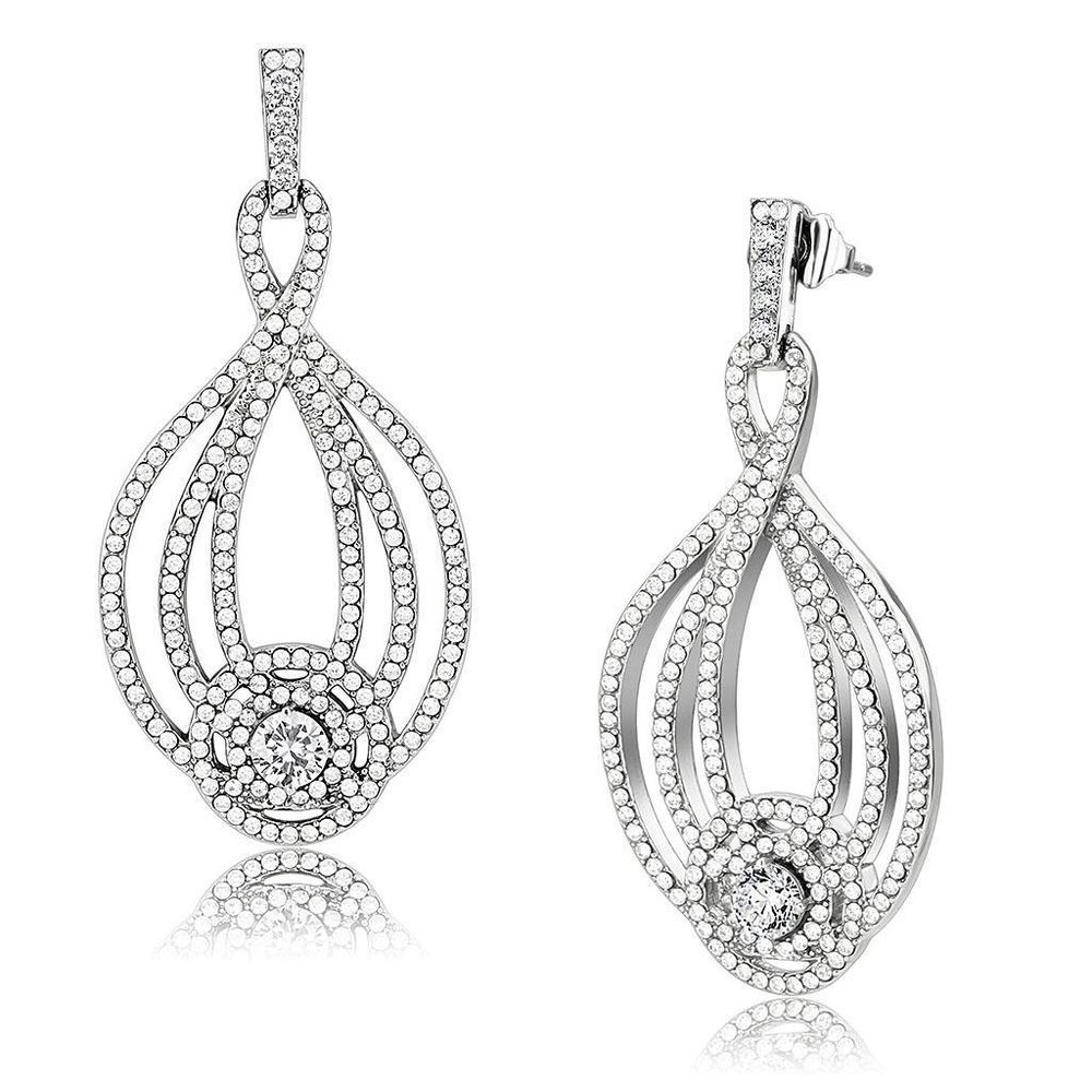 DA374 - High polished (no plating) Stainless Steel Earrings with AAA Grade CZ in Clear - Grocery
