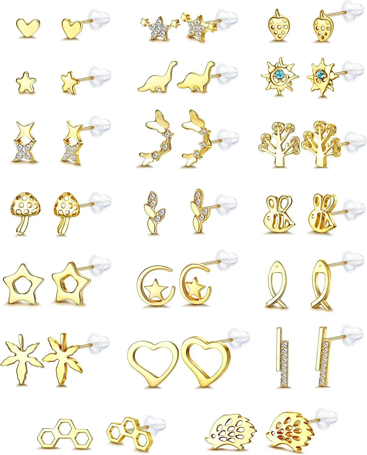 20Pairs Assorted Stainless Stud Earrings for Women Teens Heart Sun Star CZ Cute Animal Geometric Small Bar Stud Earring Set - Grocery