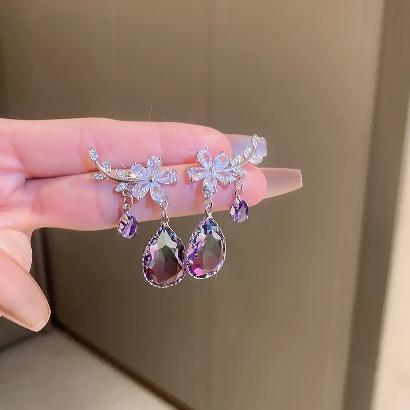 925 Silver Flower Shape Branch Zircon & Waterdrop Zircon Earrings Elegant Jewelry Female Banquet Accessories - Grocery