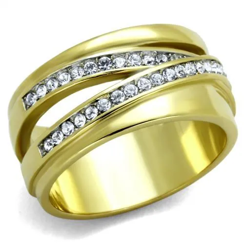 TK1914 - Two-Tone IP Gold (Ion Plating) Stainless Steel Ring with Top Grade Crystal in Clear - Grocery