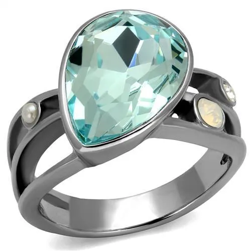 TK2502 - High polished (no plating) Stainless Steel Ring with Top Grade Crystal in Sea Blue - Grocery