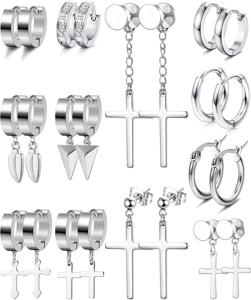 12Pairs Stainless Earrings for Men Women Stud Earrings Huggie Hoop Earrings Set Hinged Hoop Dangle Cross Earrings - Grocery