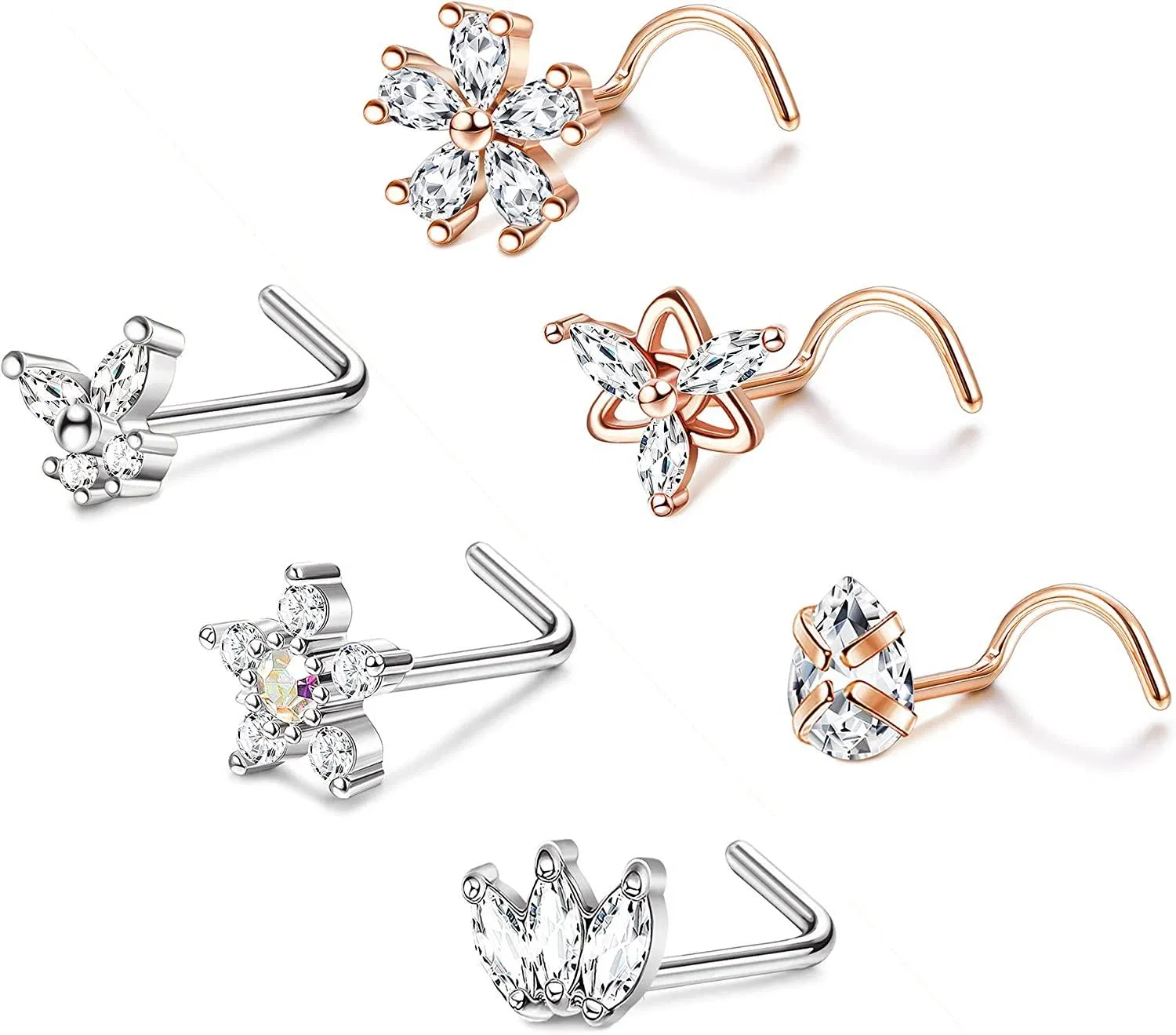 6PCS 20G Stainless Nose Ring Studs for Women Men CZ Flower Butterfly Nose Stud L-Shaped Screw Nose Ring Piercing Jewelry for Women - Grocery