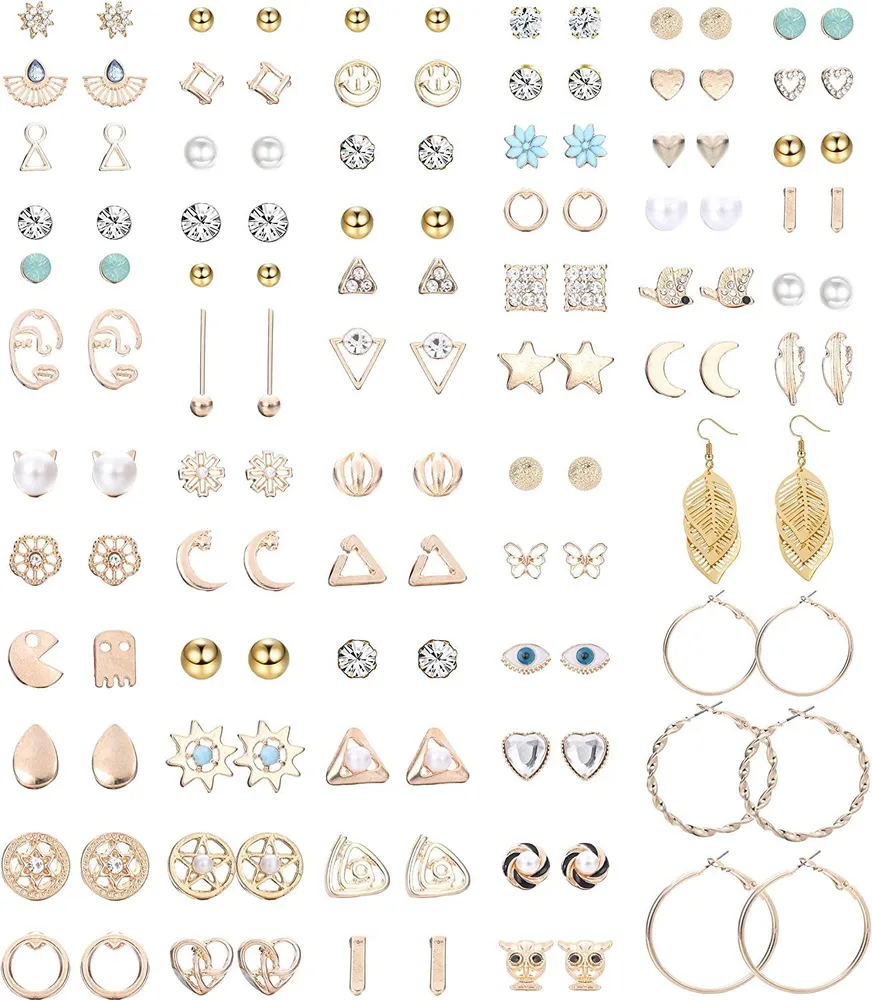 64 Pairs Assorted Multiple Stud Earrings for Women Men Hoop Earrings Triangle Circle Small Bar Leaf Face Pearl CZ Earrings Set - Grocery