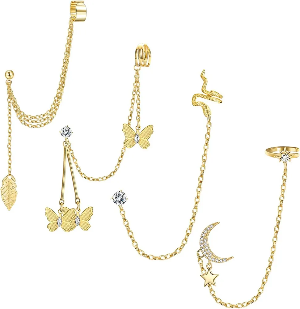 4 Pcs Cuff Chain Earrings Asymmetric Moon Star Leaf Snake Butterfly Tassel CZ Ear Cuff for Women Ear Crawler Drop Dangle Chain Earrings - Grocery