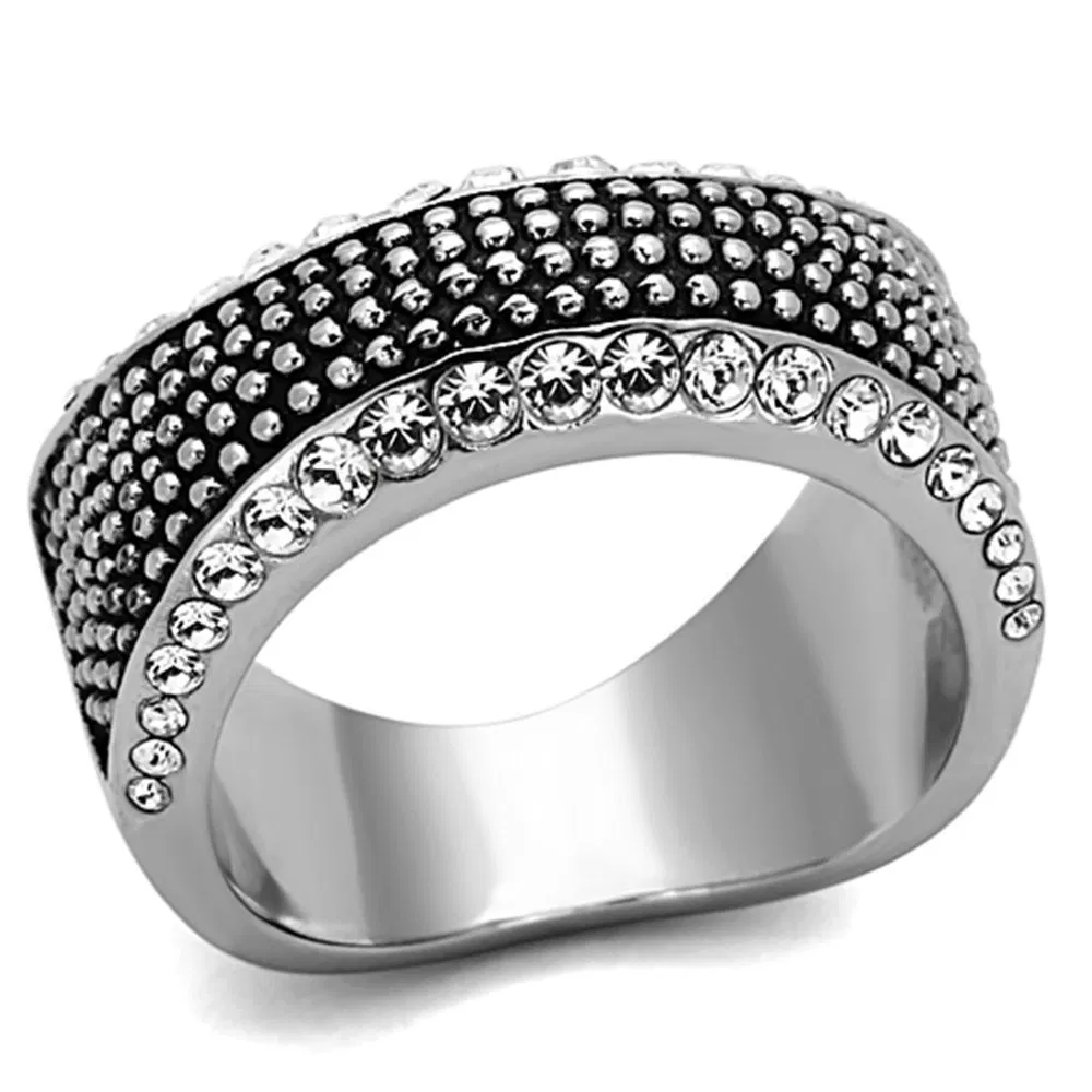 TK1216 - High polished (no plating) Stainless Steel Ring with Top Grade Crystal in Clear - Grocery