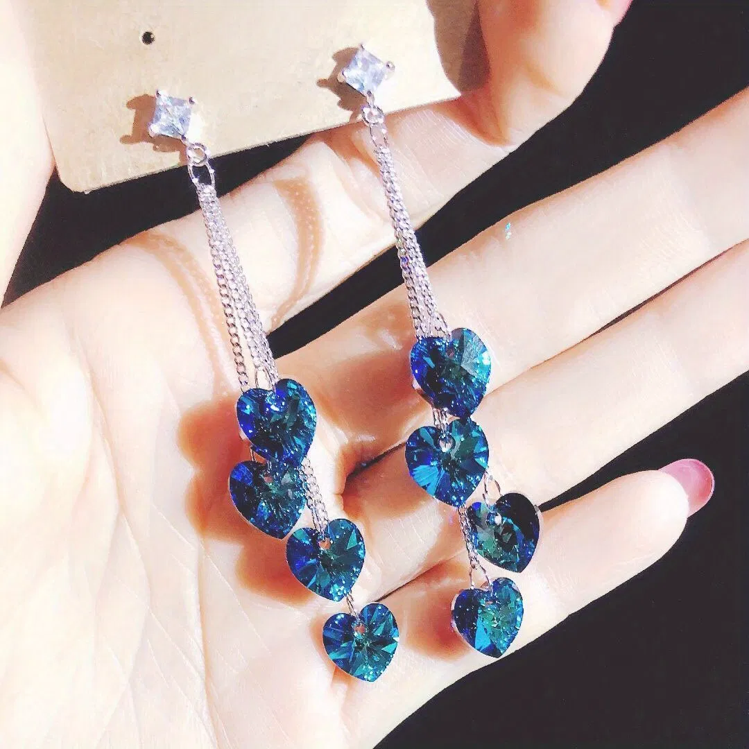 Heart Shape Shiny Artificial Crystal Design Elegant Dangle Earrings Silver Plated Jewelry Exquisite Female Gift - Grocery