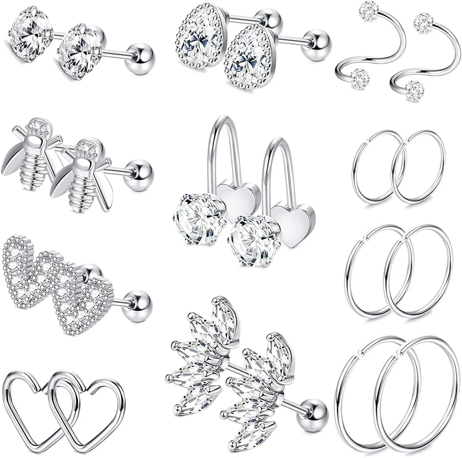 11 Pairs 18G Stainless Bee Heart Shaped Helix Cartilage Tragus Stud Earring Hoops CZ Barbell Piercing Earrings Stud Body Conch Piercing Jewelry - Grocery