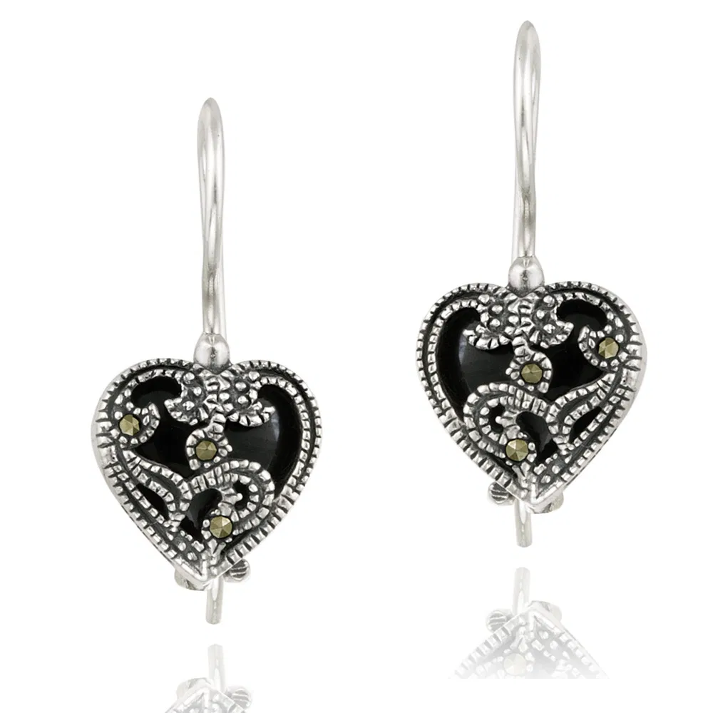 Sterling Silver Onyx & Marcasite Heart Drop Earrings - Grocery