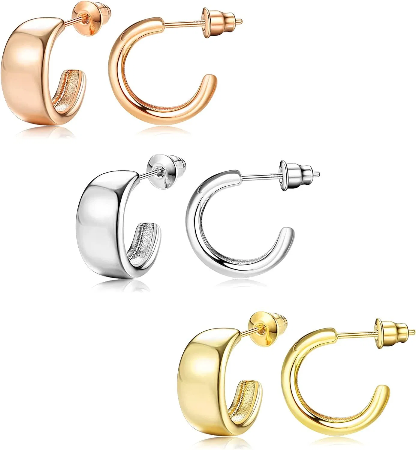 3Pairs 14K Gold Plated Thick Huggie Earrings Small Round Hoop Earrings with 925 Sterling Silver Back Chunky Round Open Hoops for Women Men - Grocery