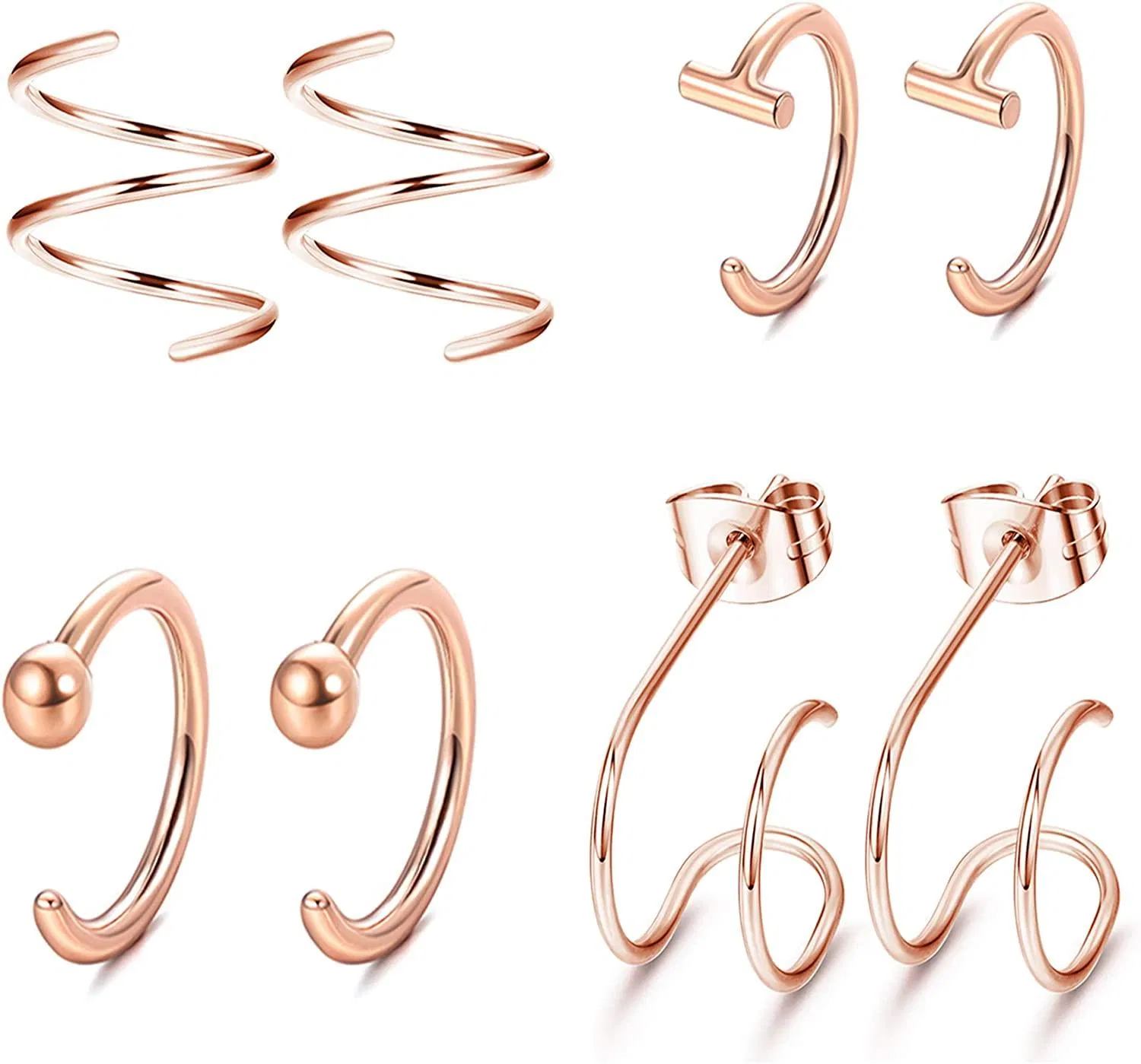 4 Pairs Sterling Minimalist Small Half Huggie Hoop Stud Earrings Cuff Earrings for Women Cartilage Helix Piercing Set - Grocery