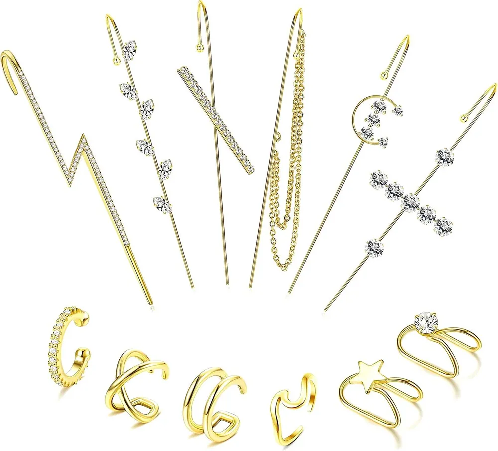 12Pcs Ear Wrap Crawler Hook Earrings Ear cuff Earrings for Women Cubic Zirconia Climber Piercing Ear Cartilage Clip On Earrings Unique Long Earrings - Grocery