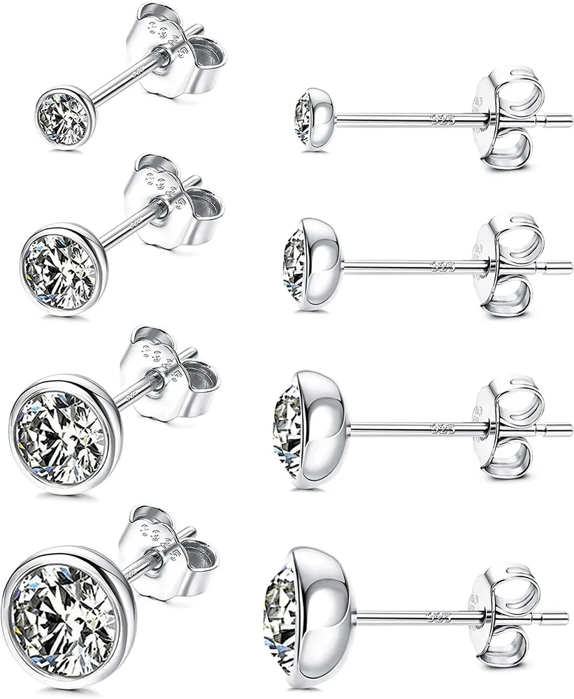 Stud Earrings MUSECLOUD 925 Sterling Silver Bezel Crystal Stud Earrings for Women Men Cartilage Earrings Set 5mm Round Crystal Gift 4 Pairs - Grocery