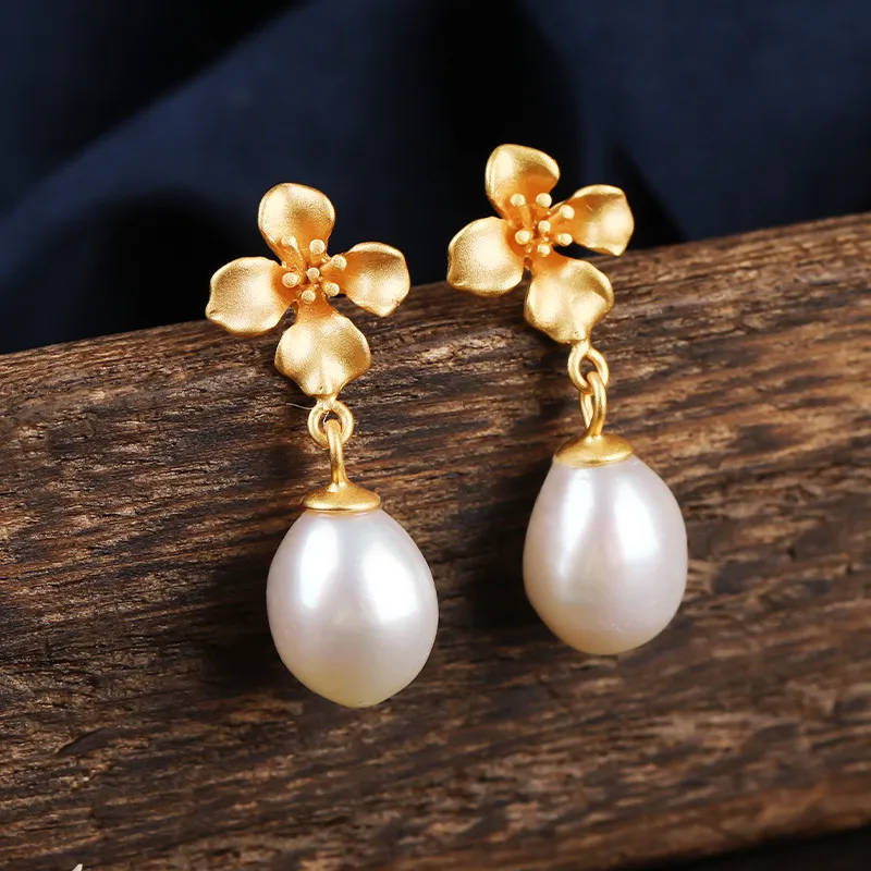 S925 Silver Plated 18k Gold Pearl Earrings Baroque French Style Elegant Earrings - Grocery