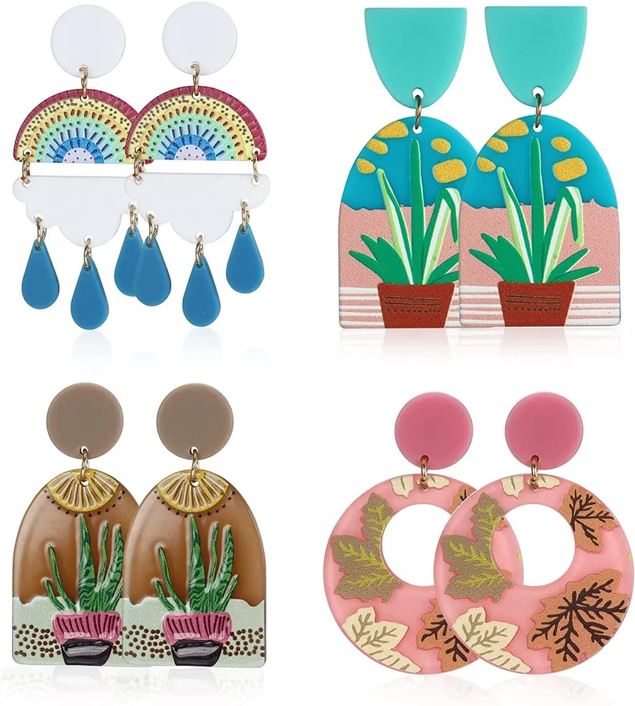 4 Pairs Acrylic Colorful Drop Dangle Earrings for Women Geometric Earrings Irregular Flora Animal Graffiti Cartoon Earrings Lightweight Jewelry - Grocery