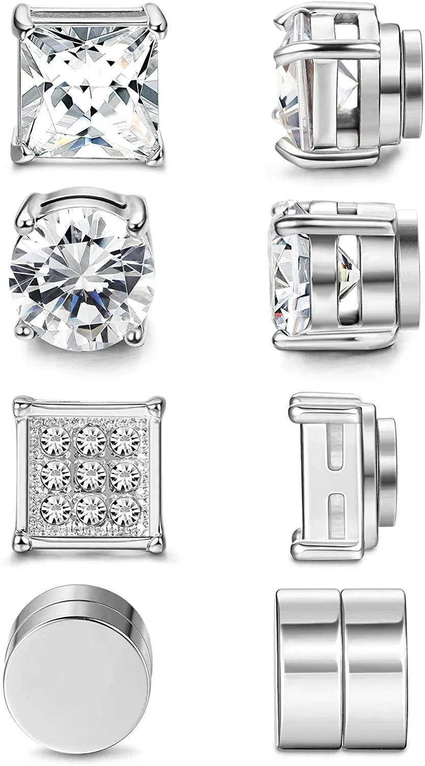4 Pairs Stainless Steel Magnetic Stud Earrings for Men Women Silver Tone CZ Non-Piercing Clip On Stud Earrings Set 6MM - Grocery