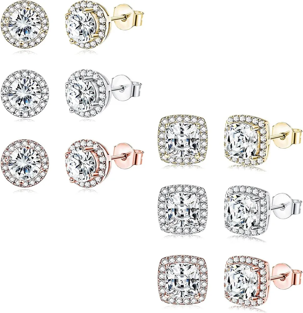 6 Pairs Halo Stud Earrings For Women 18K White Gold/Rose Gold Plated Round Square Cubic Zirconia Brillant Cut Earrings - Grocery