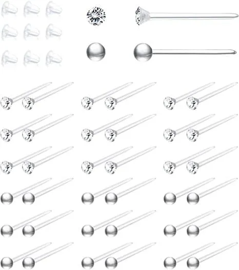 36 Pairs Clear Plastic Stud Earrings 2.5MM Rhinestone Acrylic Post Ear Studs Piercing Retainers for Men Women - Grocery