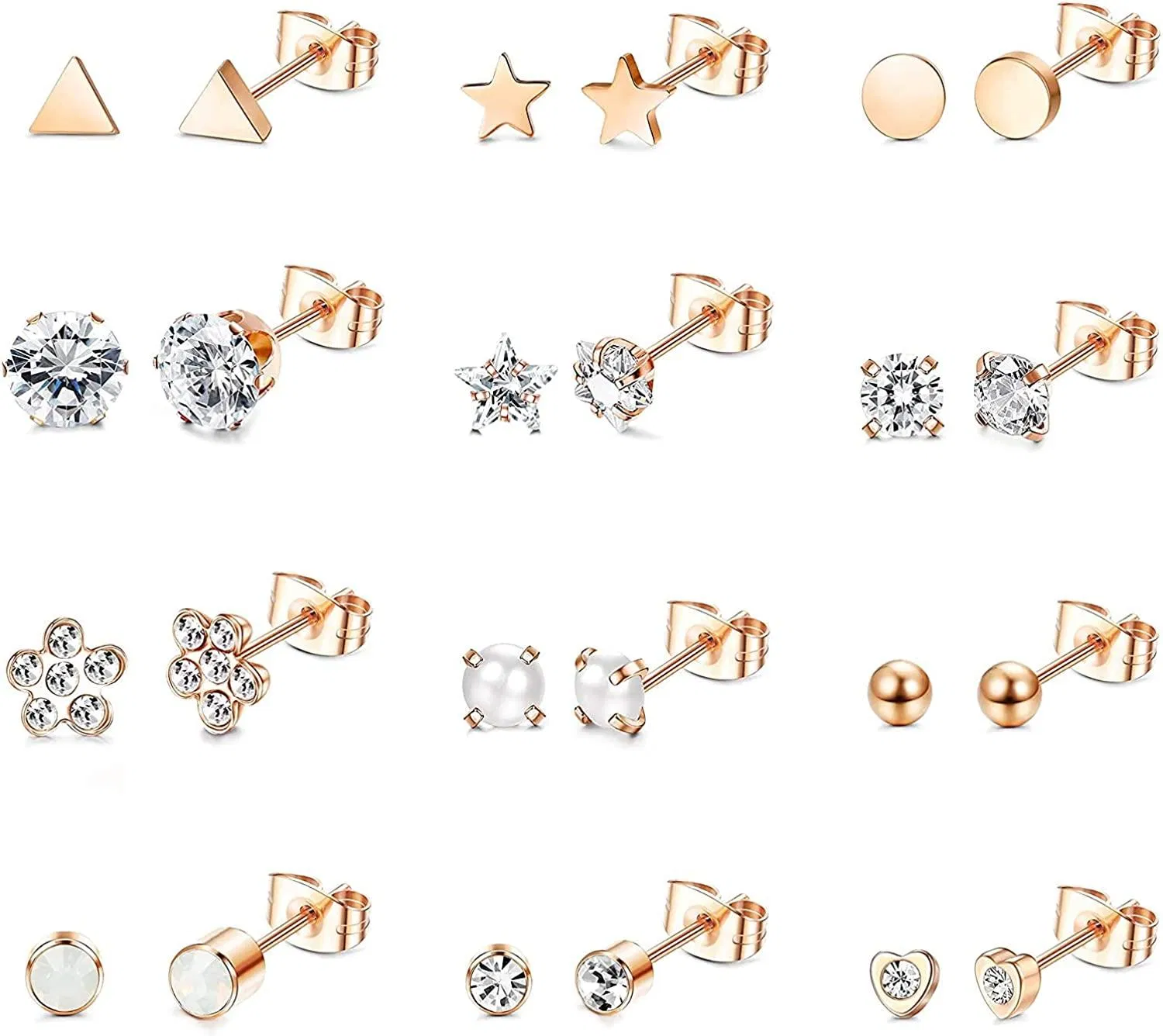 12 Pairs Stainless Stud Earrings for Women Men Tiny Star Triangle Heart Circle Pearl Ball CZ Small Stud Earrings Piercing Jewlry Set - Grocery