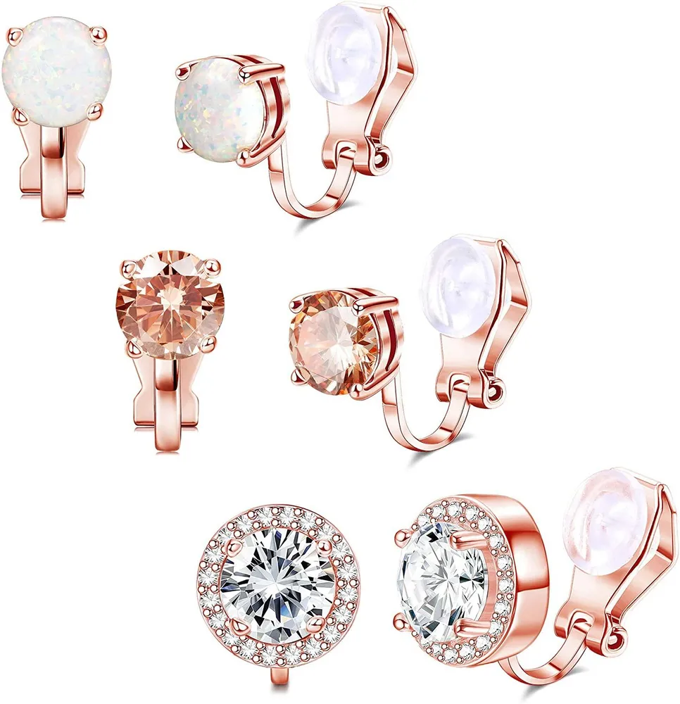 3 Pairs Clip on Earrings Set for Women Cubic Zirconia Halo Round Non Pierced Clip Earring Jewelry - Grocery