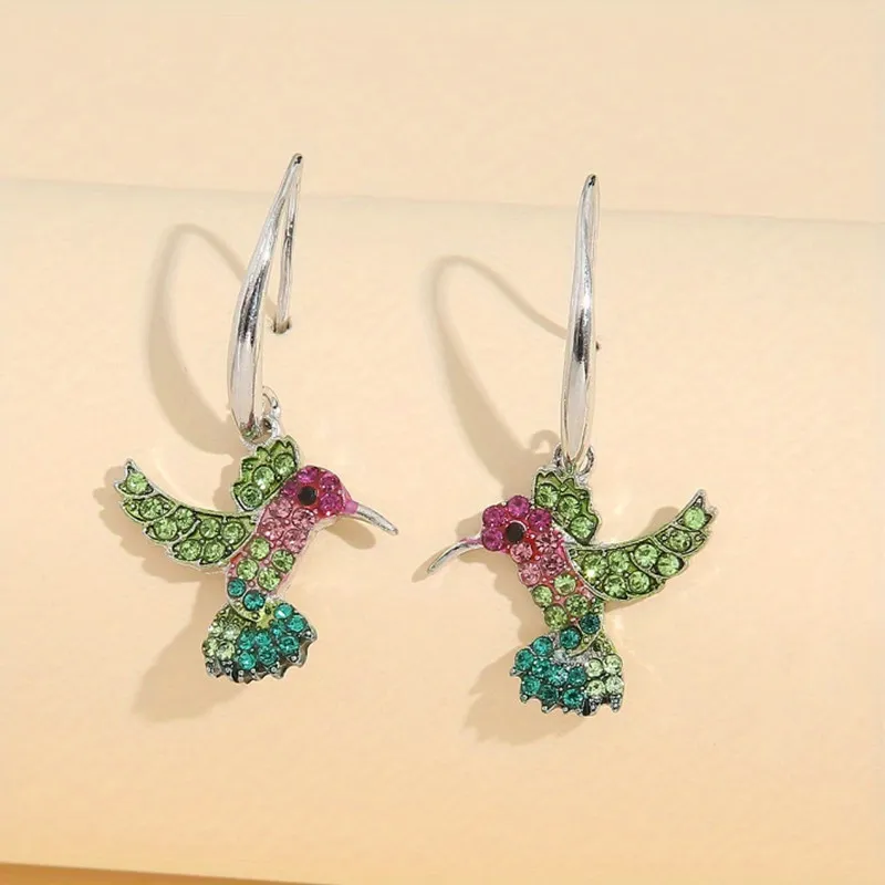 Creative Colorful Hummingbird Inlaid With Shiny Rhinestone Dangle Earrings Simple Leisure Style Alloy Jewelry Exquisite Female Gift - Grocery