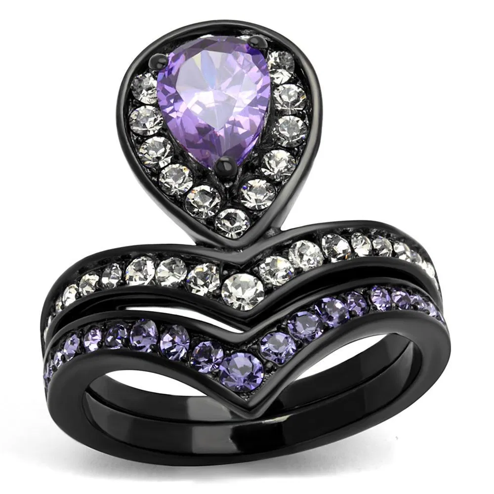 TK2186 - IP Black(Ion Plating) Stainless Steel Ring with AAA Grade CZ in Amethyst - Grocery