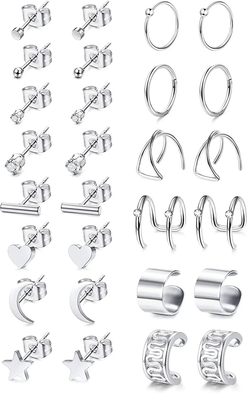 14Pairs Stainless Tiny Stud Earrings Set for Women Hoop Ear Clips Ear Cuffs Helix Cartilage Ear Piercing - Grocery