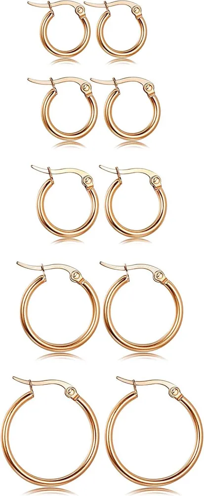 Stainless Small Hoop Earrings Clasp Gold Plated Hoop Rounded Earrings Set for Women Men Nickel Free - Grocery