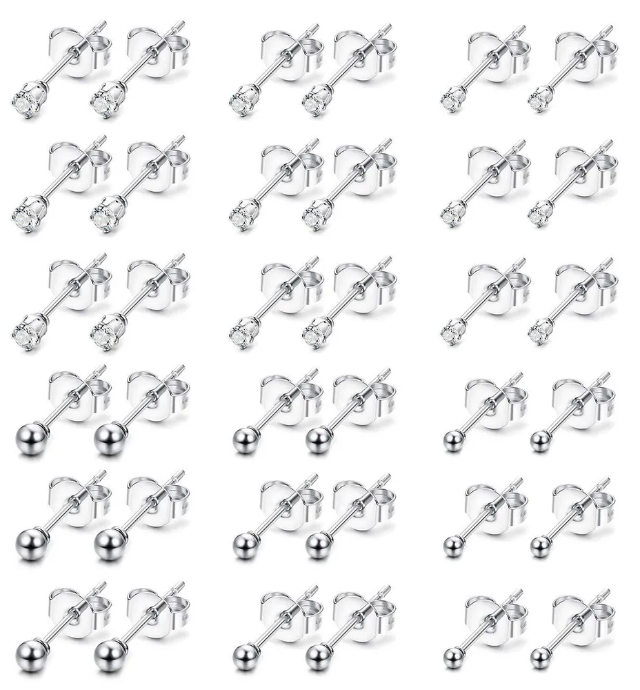 18 Pairs Tiny Stud Earrings for Women Stainless Steel Ball Mini Earrings and Cubic Zirconia Earrings Set 2mm 3mm 4mm - Grocery