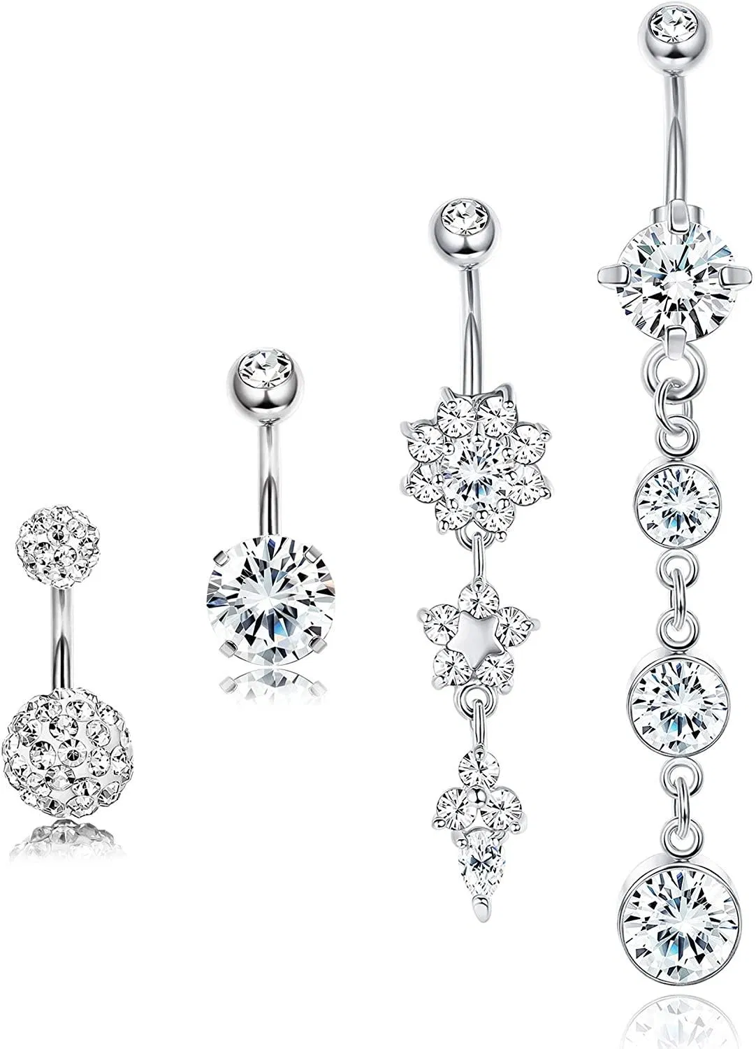 4 Pcs Stainless Steel Dangle Belly Button Rings Navel for Women Curved Barbell Piercing 14G CZ Piercing Set - Grocery