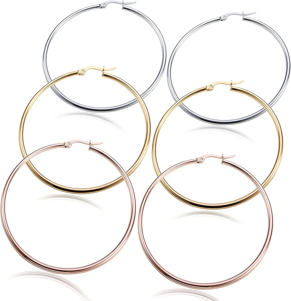 3Pairs Stainless Mens Womens Large Hoop Earrings Sets for Women 40-60mm - Grocery
