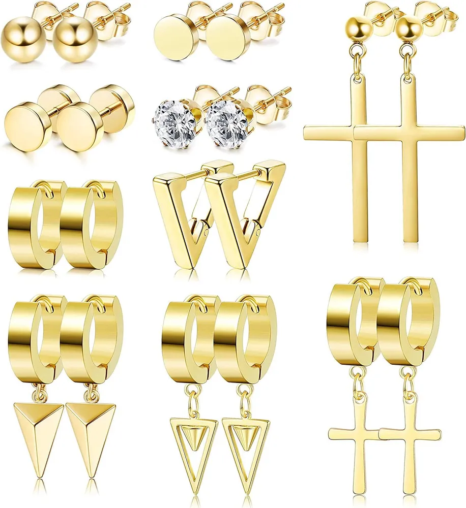 10 Pairs Stainless Stud Earrings Set for Men Cross Triangle Dangle Earrings Hinged Hoop Earrings Punk - Grocery